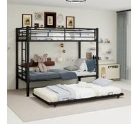 Matteo Black Wrought Iron 3-Tier Bunk Bed With Trundle - Single 90X190Cm, Space-Saving Metal Frame