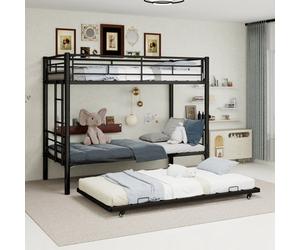 Matteo Black Wrought Iron 3-Tier Bunk Bed With Trundle - Single 90X190Cm, Space-Saving Metal Frame