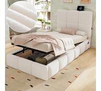 Matteo Bouclé Upholstered Single Bed Frame With Hydraulic Lift Storage & Usb Port, Beige - 3Ft