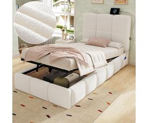 Matteo Bouclé Upholstered Single Bed Frame With Hydraulic Lift Storage & Usb Port, Beige - 3Ft