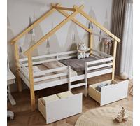 Matteo Children's 3Ft Single House Bed With Storage Drawers - White & Natural Wood Finish