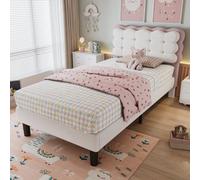 Matteo Children's 3Ft Single Upholstered Bed, Beige & Pink Velvet, Biscuit Headboard, Sturdy Slats & Safe Edging