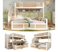 Matteo Children's Bunk Bed With Staircase Storage & Hydraulic Lower Bunk - White & Natural Solid Wood, Single & Double