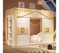 Matteo Children's House Bunk Bed - White & Natural Wood, Window Feature | Size: Single Matteo White Single