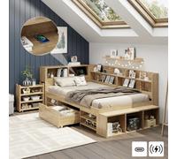 Matteo Children's Multifunctional Single Bed Frame - 3Ft (90X190Cm) With Drawers, Bookcase & Storage, Natural Wood