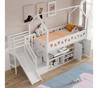 Matteo Children's White Single Bed Frame, Play Slide & Storage Stairs. Solid Pine, Drawers & Magnetic Locker. No Mattress.