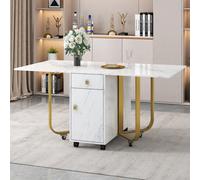 Matteo Compact Folding Dining Table With Cupboard And Drawers, White/gold