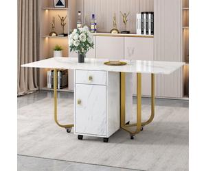 Matteo Compact Folding Dining Table With Cupboard And Drawers, White/gold