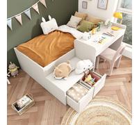 Matteo Compact Kids Single Bed With Desk, Drawers & Slatted Frame, 90X190Cm, White