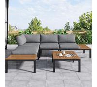 Matteo Compact Outdoor Garden Lounge Set For 4, Thick L-Shaped Sofa With Wooden Table, Grey