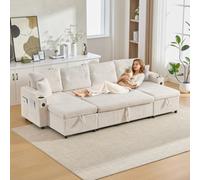 Matteo Contemporary 4-Seater Corduroy Sofa Bed With Dual Chaise, Hidden Storage, Usb & Cup Holders - Beige