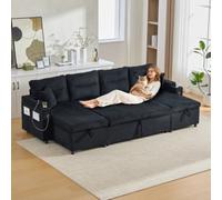 Matteo Contemporary 4-Seater Corduroy Sofa Bed With Dual Chaises, Hidden Storage, Usb & Cup Holders - Black