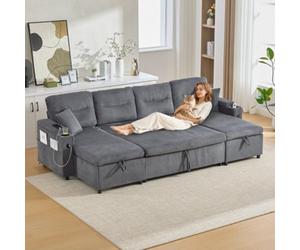 Matteo Contemporary Dark Grey 4-Seater Fabric Sofa Bed With Dual Chaise, Hidden Storage, Cup Holders & Usb-C Port