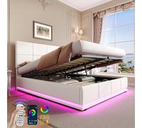 Matteo Cream White 4Ft6 Double Ottoman Bed Frame With Rgb Led Lighting, Faux Leather Upholstery & Hydraulic Storage
