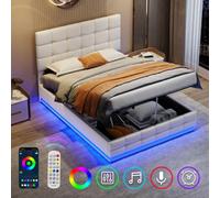 Matteo Cream White Ottoman Double Bed Frame With Rgb Led Lighting, Hydraulic Storage & Adjustable Tufted Pu Leather Headboard