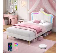 Matteo Cream White Single Upholstered Bed Frame With Rgb Led Adjustable Crown Headboard & Pu Leather Finish