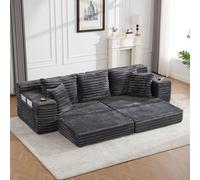 Matteo Dark Grey Corduroy Sleeper Sofa With High Backrest, Side Pockets & Double Cup Holders
