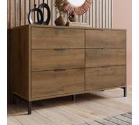 Matteo Dark Oak Effect Sideboard Cabinet, 6-Drawer Chest With Industrial Black Metal Frame, 120Cm