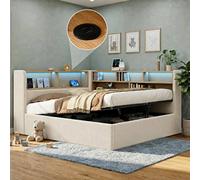 Matteo Daybed L-Shaped Storage Bed Frame with LED & USB - Beige Velvet | Size: Double Matteo Beige Double