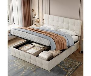 Matteo Deluxe 4Ft6 Double Beige Velvet Ottoman Storage Bed Frame With Hydraulic Lift & Adjustable Button Tufted Headboard
