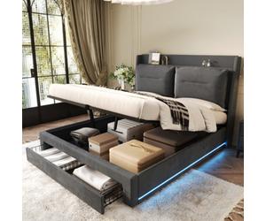 Matteo Deluxe Double Velvet Ottoman Bed Frame - Dark Grey - Hydraulic Storage & Led Lights