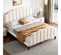 Matteo Diy 4Ft6 Double Beige Velvet Upholstered Bed Frame With Adjustable Channel-Tufted Headboard & Solid Wood Slats - No Box Spring