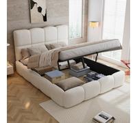 Matteo Double (4Ft6) Beige Velvet Upholstered Bed Frame With Hydraulic Ottoman Storage & Sturdy Slats