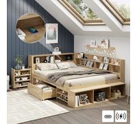 Matteo Double (4Ft6) Children's Bed Frame With Storage Drawers, Bookcase & Slatted Base - Natural Lvl Wood