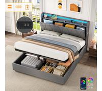 Matteo Double 4Ft6 Grey Linen Upholstered Ottoman Bed Frame With Hydraulic Storage, Rgb Led Headboard & Usb/type-C Charging Ports