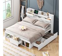Matteo Double bed with USB port & drawers & storage cabinet, white Matteo White