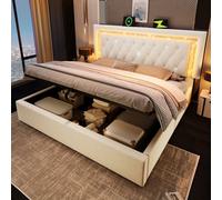 Matteo Double Upholstered Bed Frame 4Ft6 - Beige Velvet, Adjustable Led Headboard, Usb-C & Hydraulic Storage