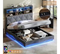 Matteo Double Upholstered Bed Frame (4Ft6) With Hydraulic Storage, Led Headboard & Usb-C Charging - Grey Linen