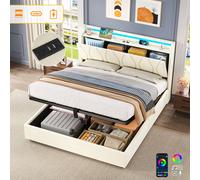 Matteo Double Upholstered Bed Frame with Hydraulic Storage & LED Headboard in Beige Matteo Beige Double