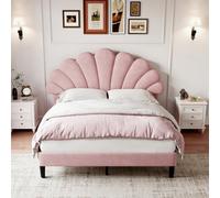 Matteo Double Upholstered Velvet Bed Frame With Adjustable Petal Headboard - Pink, Solid Wood Slats, Easy Assembly, No Box Spring Needed