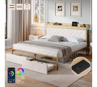 Matteo Double Velvet Bed Frame, RGB LED Headboard, Storage & USB, Beige Matteo Beige Double