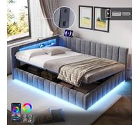Matteo Double Velvet Side Hydraulic Ottoman Bed - Smart RGB LED & Charging in Grey Matteo Grey Double