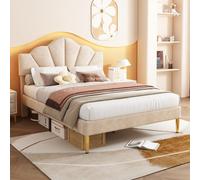 Matteo Double Velvet Upholstered Bed, 4Ft6 Beige With Shell Design & Adjustable Headboard, Golden Legs & Wooden Slats