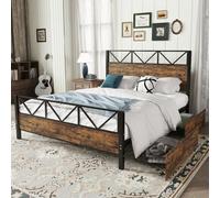 Matteo Durable 4Ft6 Double Metal Bed Frame With 2 Storage Drawers - Black & Wood Effect, Sturdy Diy Bed