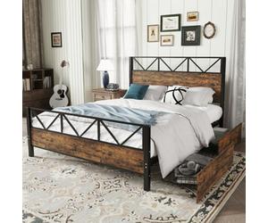 Matteo Durable 4Ft6 Double Metal Bed Frame With 2 Storage Drawers - Black & Wood Effect, Sturdy Diy Bed
