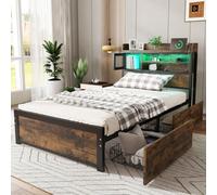 Matteo Durable Metal 3Ft Single Bed Frame With Led Lights, 2 Storage Drawers & Usb Ports - Black & Wood Effect For Teens/adults