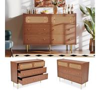 Matteo Elegant Rattan Sideboard Cabinet, Walnut, 6 Drawers, 40D X 120W X 90H Cm