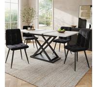 Matteo Extendable 5-Piece Dining Set With White Marble-Effect Table & 4 Black Velvet Chairs