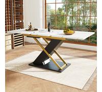 Matteo Extendable Dining Table, 120-160Cm, Black Marble Effect Top With Golden Cross Legs