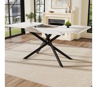 Matteo Extendable Dining Table 120-160Cm - White Marbled Mdf Top & Black Cross Metal Legs