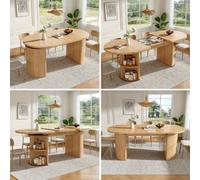 Matteo Extendable Dining Table With Hidden Storage, Thickened Top & Grooved Legs - Versatile Natural Brown Mdf
