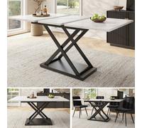 Matteo Extendable Dining Table With White Marble Effect Top & Black Crossed Metal Legs - 120-160Cm, Space-Saving