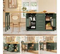 Matteo Extendable Kitchen Island & Dining Table Combo - 120-197Cm, Antique Green With Storage, 3 Drawers