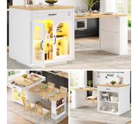 Matteo Extendable Kitchen Island - LED Lighting, Fluted Glass Doors & Storage in White Matteo White