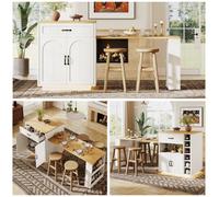 Matteo Extendable Kitchen Island With Dining Table, Multifunctional Storage (Drawers, Wine Rack, Shelves), Led Light & Chevron Doors