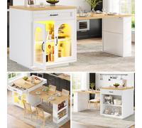 Matteo Extendable Kitchen Island With Led Lighting & Fluted Glass Doors